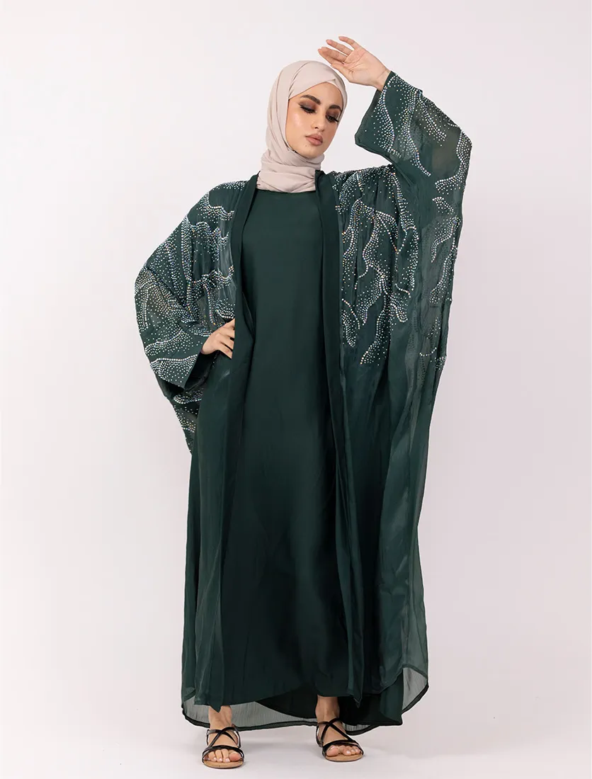 Green Crystal Embellished Sheer Overlay Abaya